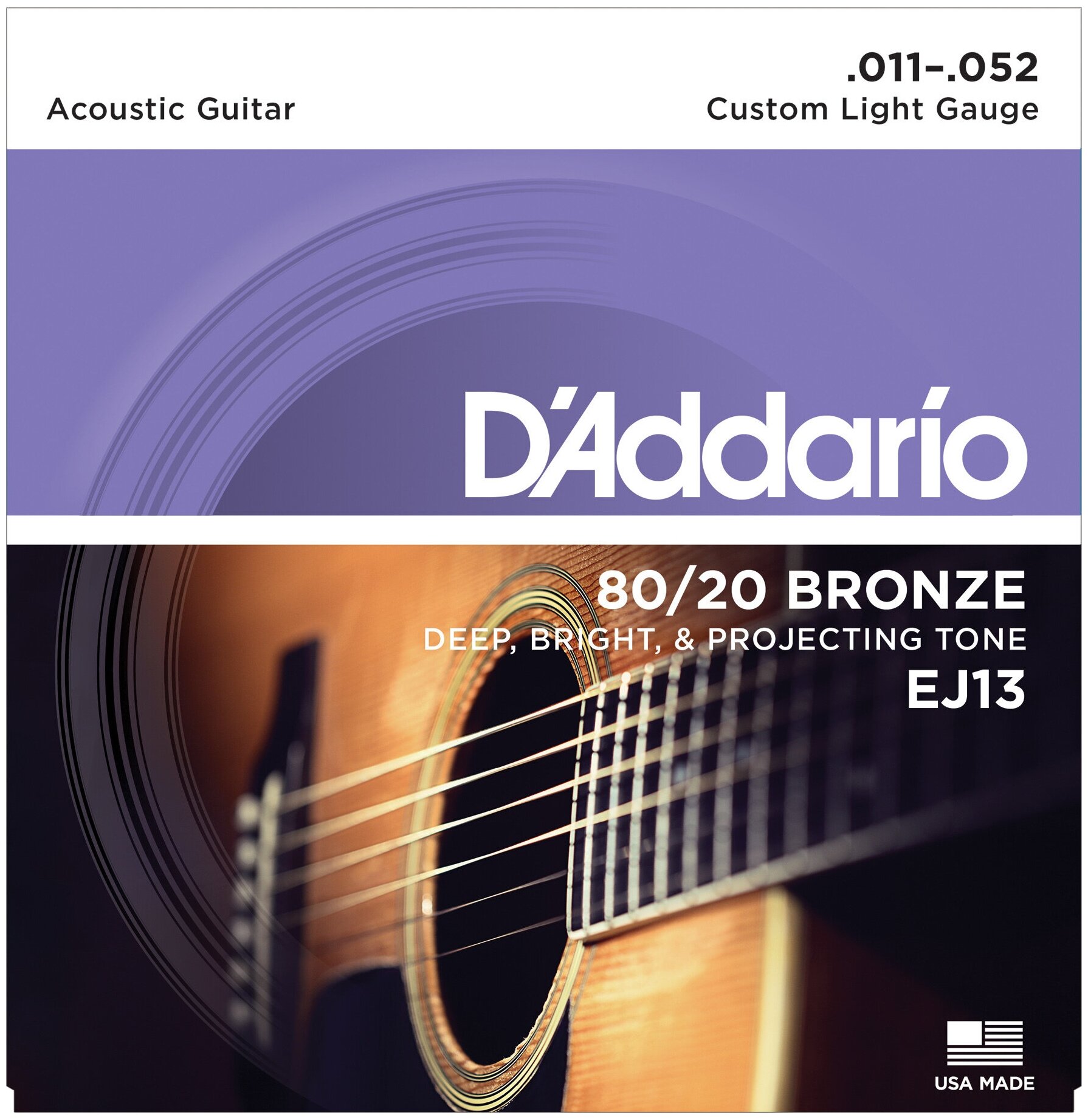 Струны для акустической гитары, бронза, 11-52 D'ADDARIO EJ13 80/20 BRONZE CUSTOM LIGHT 11-52