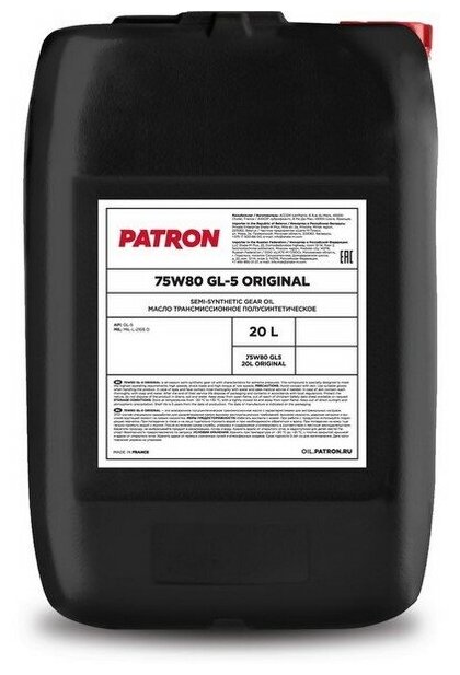 PATRON 75W80 GL5 20L ORIGINAL Масло трансмиссионное полусинтетическое 20л - API GL-5, MIL MIL-L-2105 D