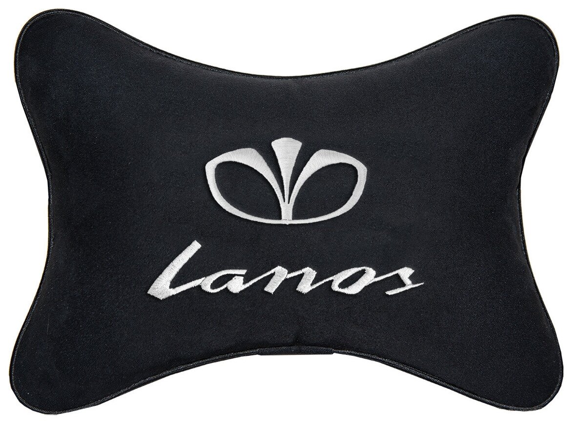 Автомобильная подушка на подголовник алькантара Black с логотипом автомобиля DAEWOO Lanos