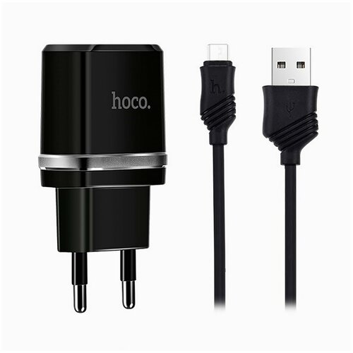 фото Сетевое зарядное устройство + кабель micro usb c12 2usb 2.4a черный hoco