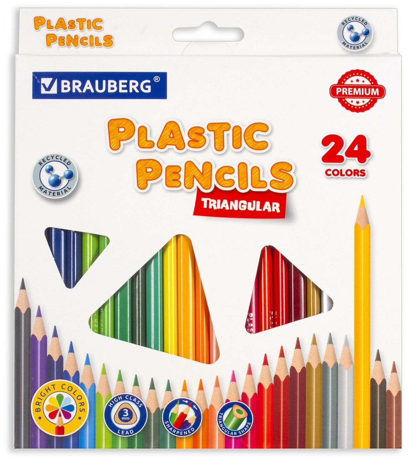 Карандаши пластиковые цветные для рисования Brauberg Premium, 24 цвета, пластиковые, трехгранные, грифель мягкий 3 мм, 181663