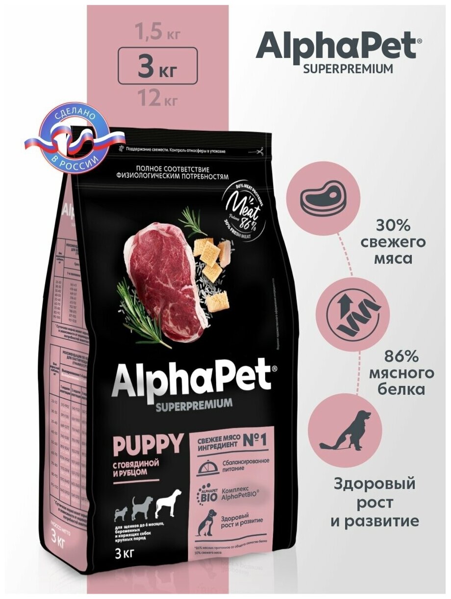 AlphaPet Superpremium с говядиной и рубцом сухой для щенков крупных пород до 6 мес.