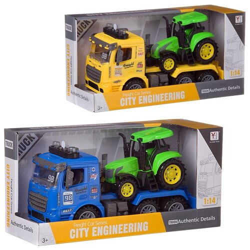 Грузовик с трактором Junfa 1:14, инерционный, со звуком и светом, (синий или желтый) (98-615A) грузовик dickie toys со светом и звуком 3302005 15 см зеленый синий