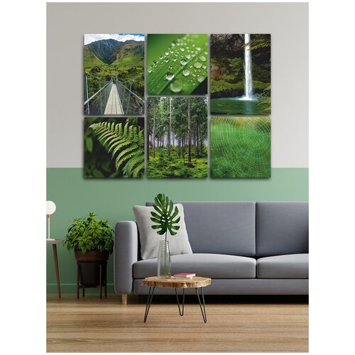 Большая модульная картина на холсте для интерьера на стену в спальню, в комнату, в гостиную Зеленые листья, пейзаж, природа 6 модулей, декор для дома