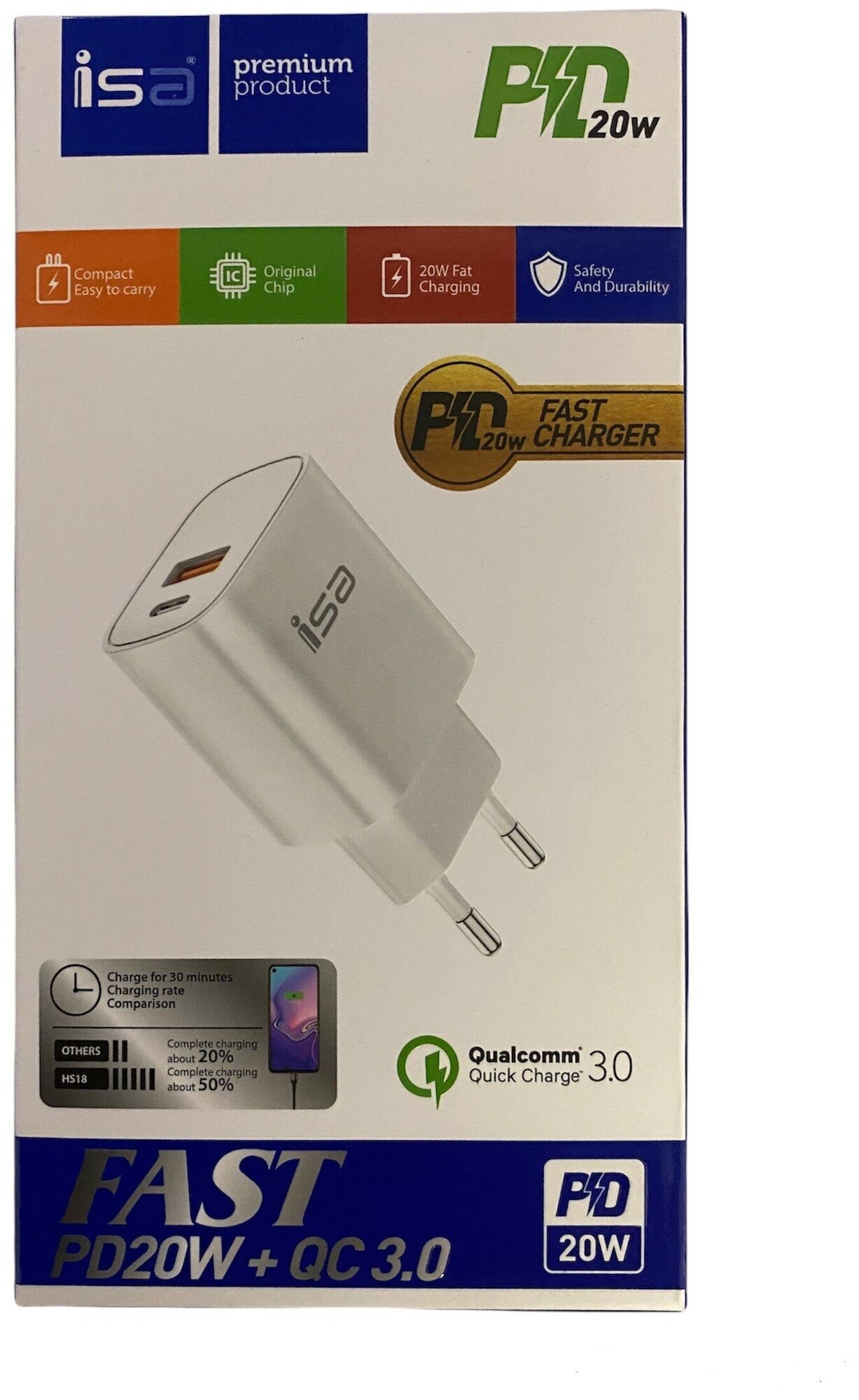 Сетевое зарядное устройство для быстрой зарядки USB-C + USB A PD 3.0 QC 3.0 3А 20 Вт ISA