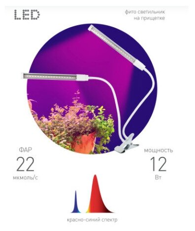 Светильник светодиодный для выращивания рассады Эра на прищепке, фиолетовый свет, 12 Вт - фотография № 3