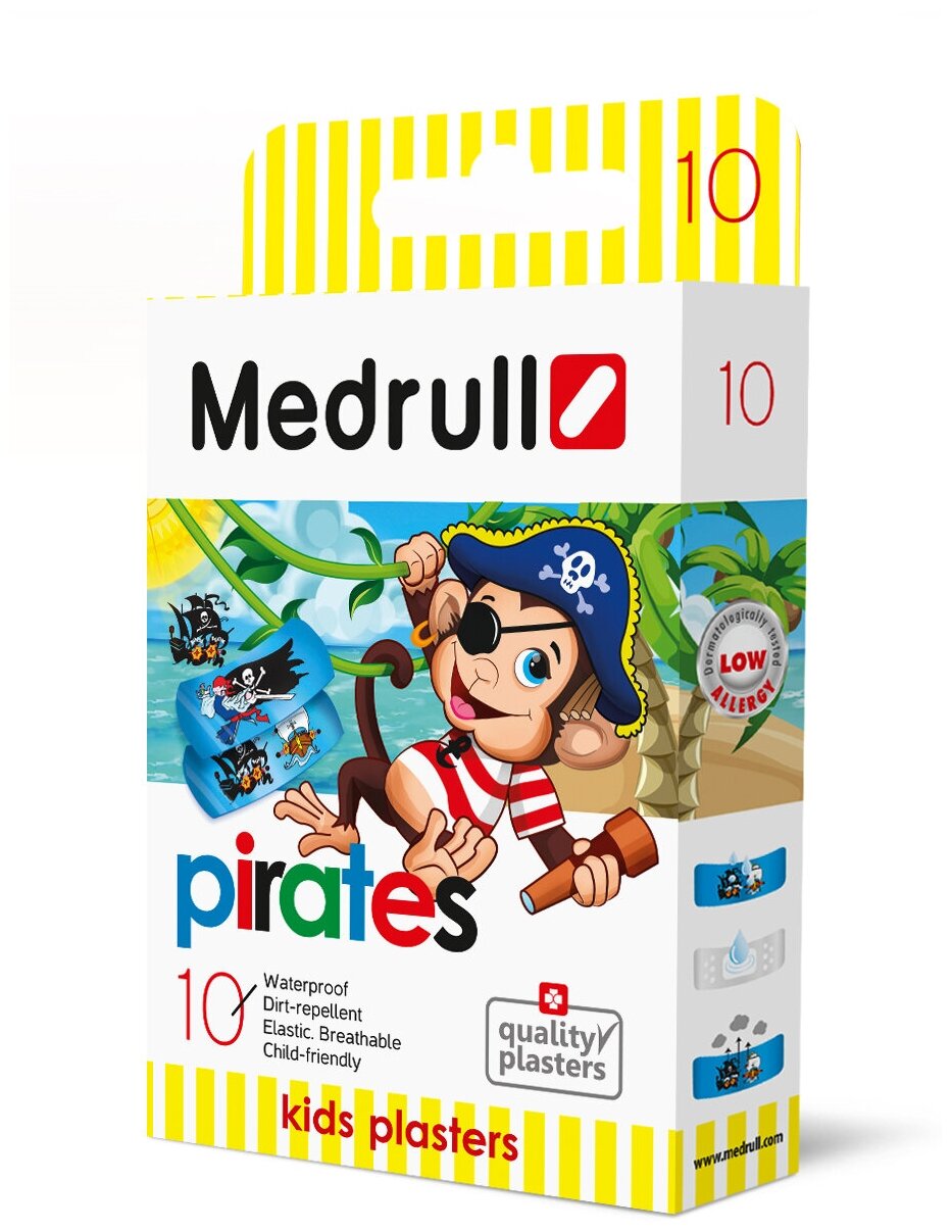 Medrull Лейкопластыри медицинские детские в стрипах Kids Plasters Pirates 10 шт