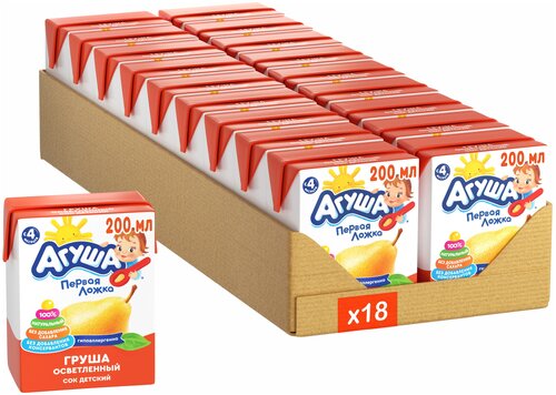 Сок осветленный Агуша Груша (Tetra Pak), c 4 месяцев, 0.2 л, 18 уп.