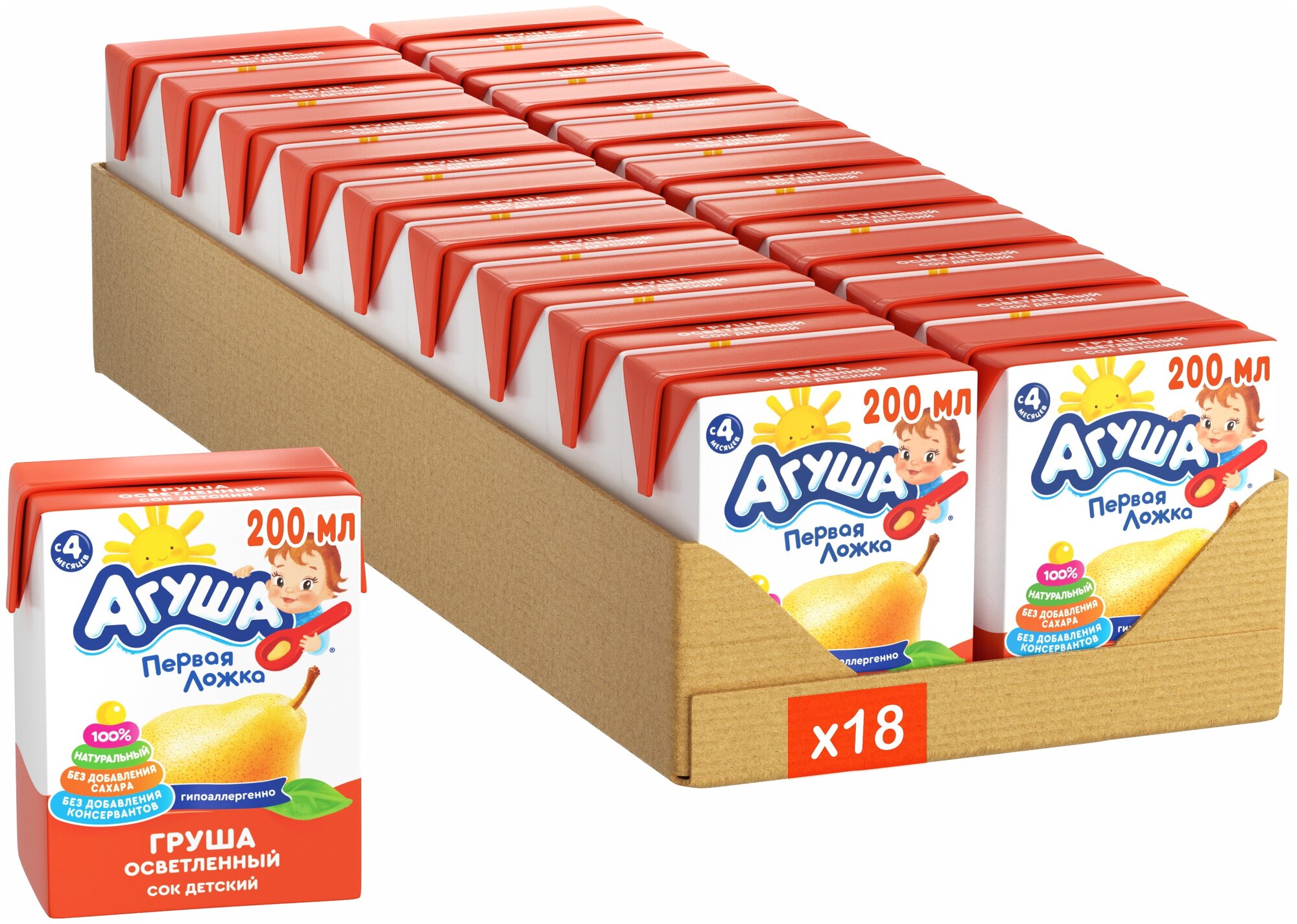 Спайка/Сок осветленный Агуша Груша (Tetra Pak), c 4 месяцев/18шт - фотография № 1