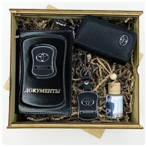 фото Подарочный набор аксессуаров автолюбителя для мужчин и женщин авто обложка для документов брелок ключей с логотипом авто парфюм ключница toyota тойота sk-777