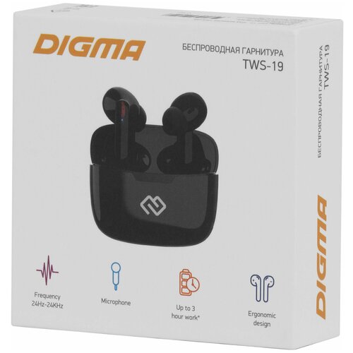 Наушники Digma TWS-19 беспроводные вкладыши с микрофоном TWS Bluetooth черный 93900₽