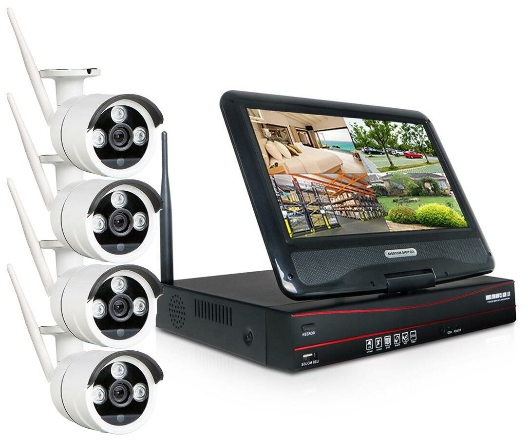 Kvadro Vision Optimus Street - 2.0R (Lux) - Беспроводной комплект для улицы с репитером на 4 камеры с монитором 10 в подарочной упаковке