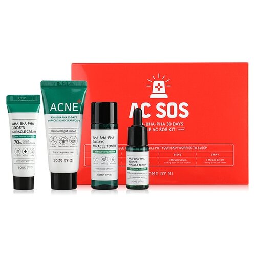 Набор миниатюр для лица с кислотами Some By Mi AHA?BHA?PHA 30 Days Miracle AC SOS Kit, тонер 30мл, сыворотка 10мл, крем 20г, пенка 30мл