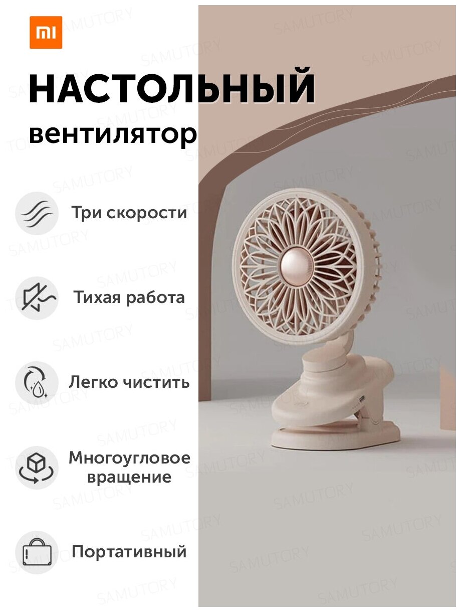 Xiaomi / Портативный вентилятор ( на прищепке,настольный ) Youpin SOTHING Clip-on Fan Бежевый / 90 угол регулировки - фотография № 4