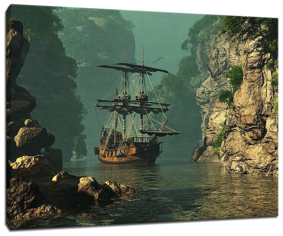 Картина Уютная стена "Пиратский корабль среди скал" 90х60 см