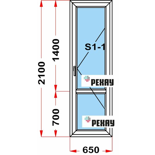 Балконная дверь из профиля РЕХАУ BLITZ (2100 x 650) 52, с поворотной створкой, 2 стекла балконная дверь рехау blitz 2100х800 мм вхш правая двухкамерный стеклопакет белая