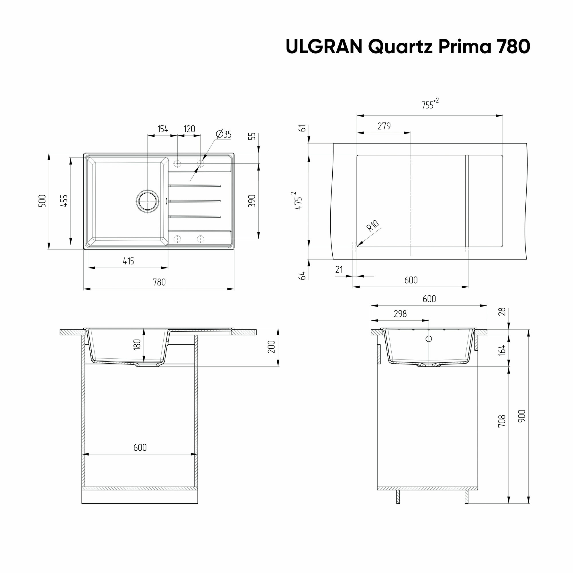 Мойка ULGRAN Quartz Ruma 780-07 уголь - фотография № 8