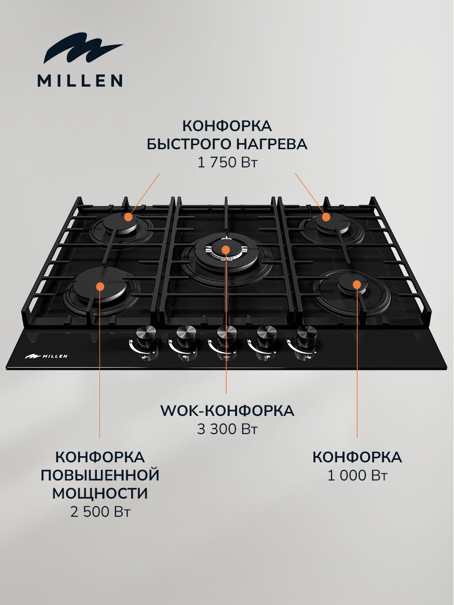 Варочная панель встраиваемая, газовая MILLEN MGHG 701 BL, черный - фотография № 3