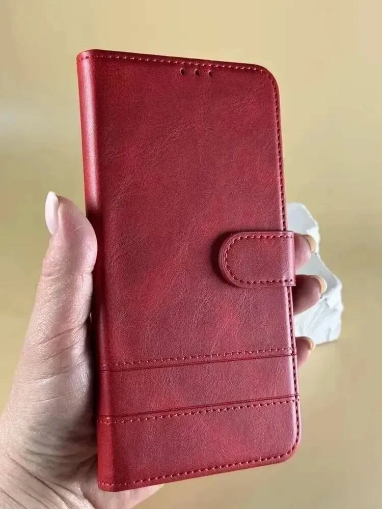 Чехол-книжка на Realme C75 / Чехол на Реалми С75 c магнитной застежкой, c хлястиком, отделением под карты и декоративной строчкой, красный — фото 1