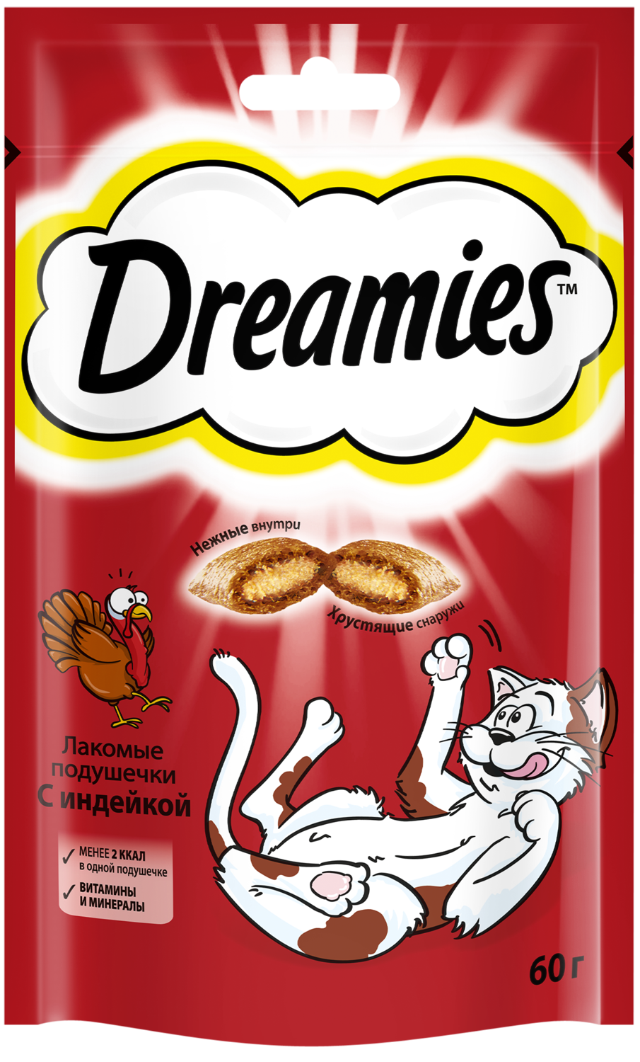 Лакомство DREAMIES для взрослых кошек, подушечки с индейкой, 6 шт по 60 г — фото 1