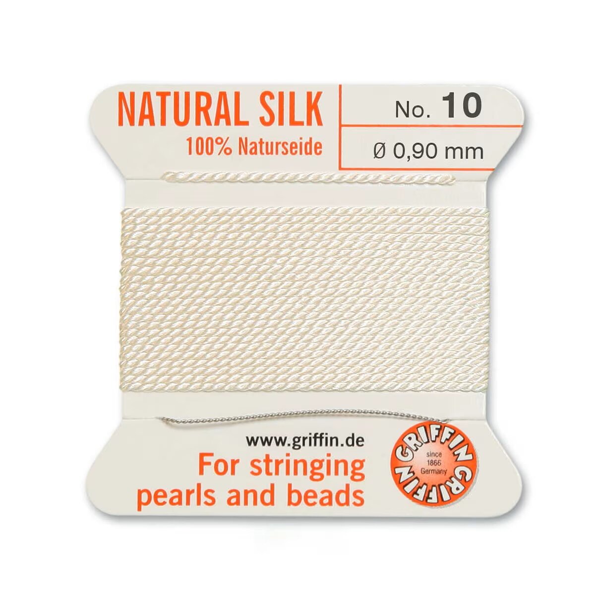 Нить шелковая, Griffin No.10 (0.9мм), молочно-белая, с иглой, моток, 2 метра