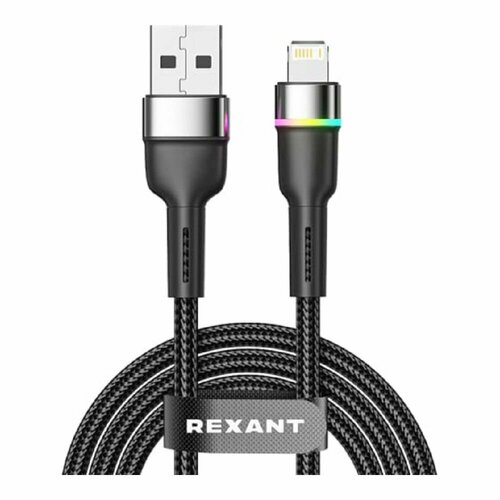 Rexant кабели 18-7059 Кабель USB-A - Lightning для Apple, 2, 4А, 1м, в черной нейлоновой оплетке, с LED подсветкой