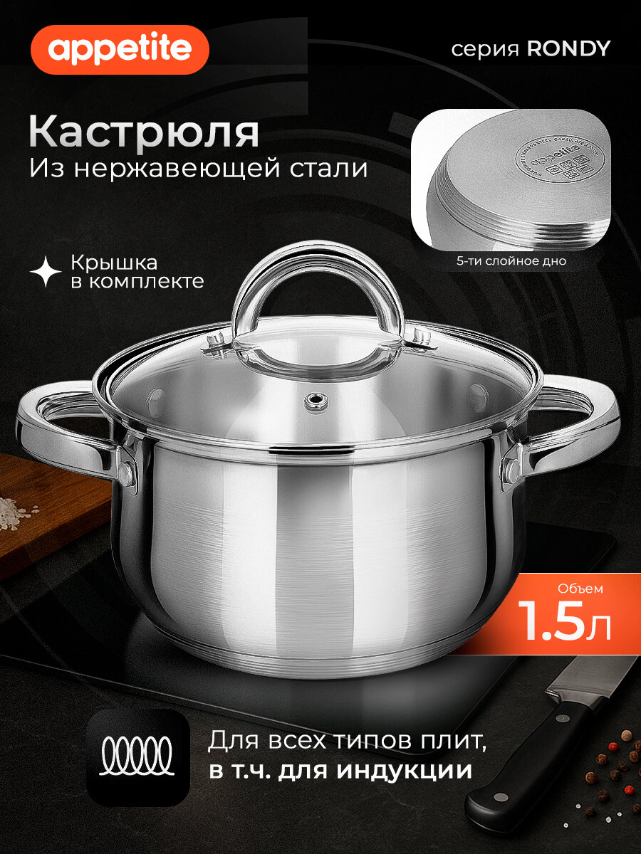 Кастрюля с крышкой Appetite "Rondy", нержавеющая сталь, для индукции, 1,5 л