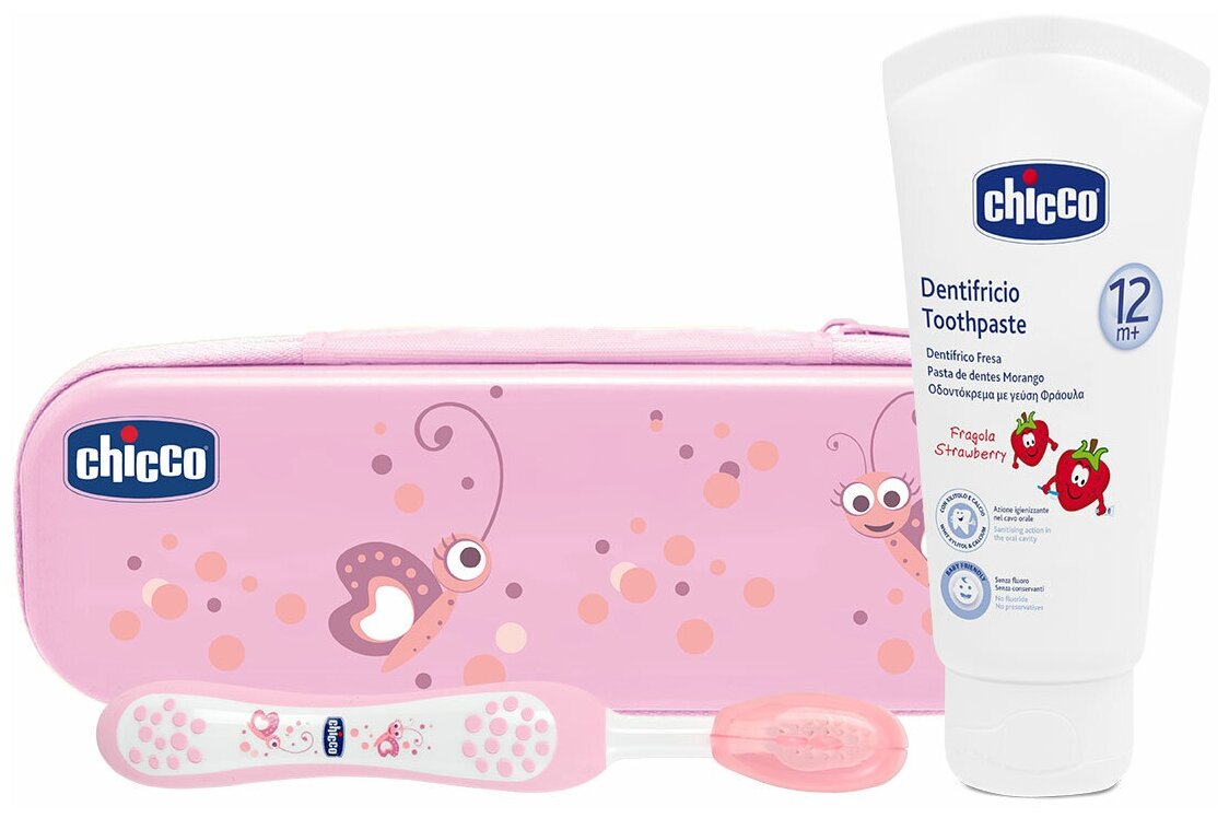 Chicco Набор Детский паста зубная вкус Клубника 1-5 лет 50мл + щетка зубная 6-36мес цвет розовый мягкая
