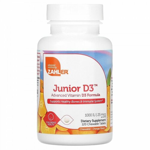 Zahler, Junior D3, Advanced Vitamin D3 Formula, Orange, 25 mcg (1,000 IU), 120 Chewable Tablets