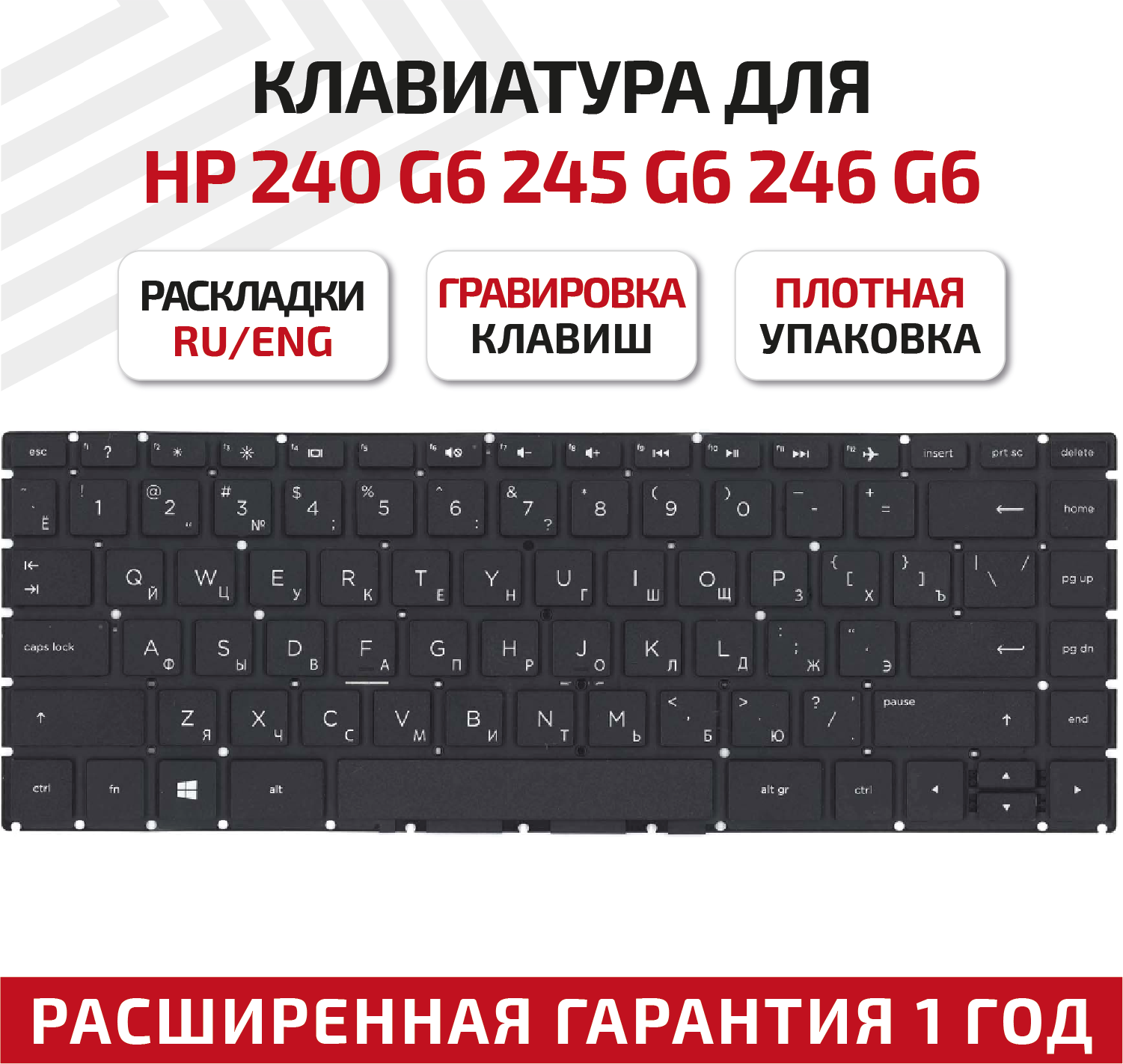 Клавиатура (keyboard) для ноутбука HP 240 G6, 245 G6, 246 G6, черная