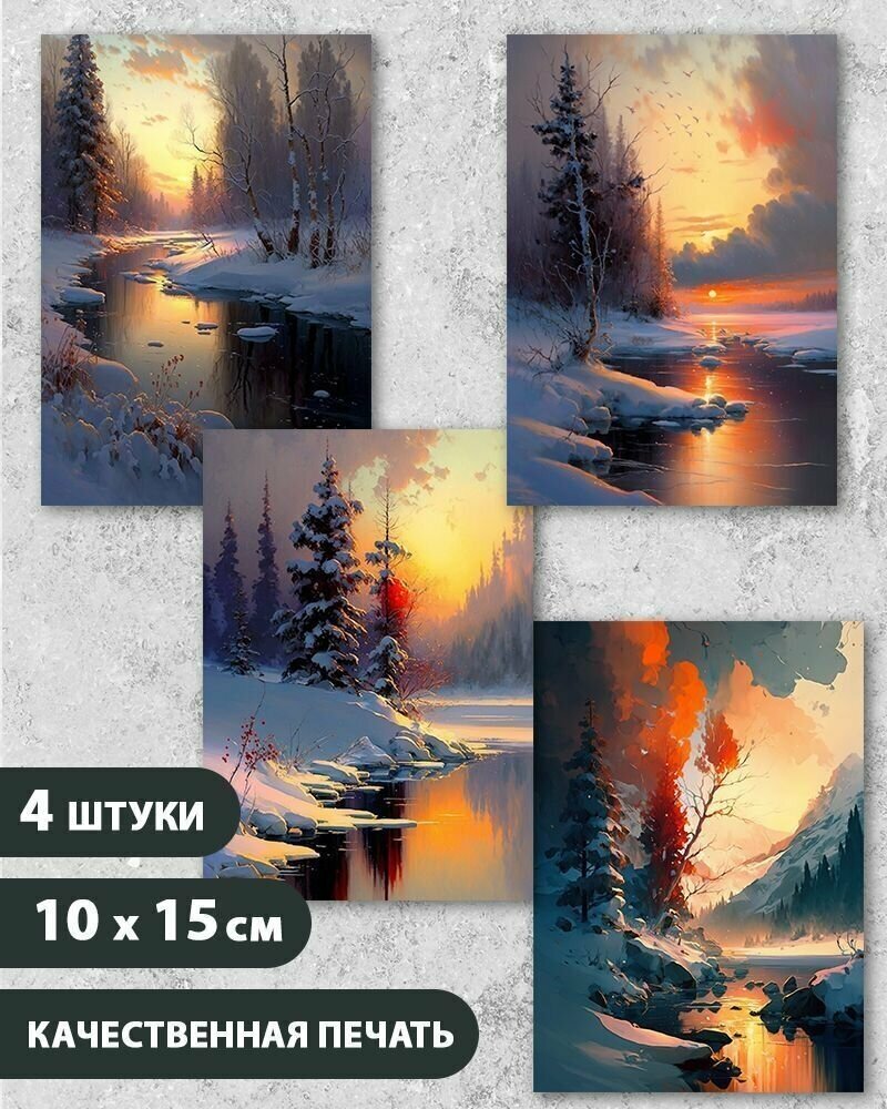 Набор открыток "Зимний пейзаж. Закат", 10.5 см х 15 см, 4 шт, InspirationTime, на подарок и в коллекцию