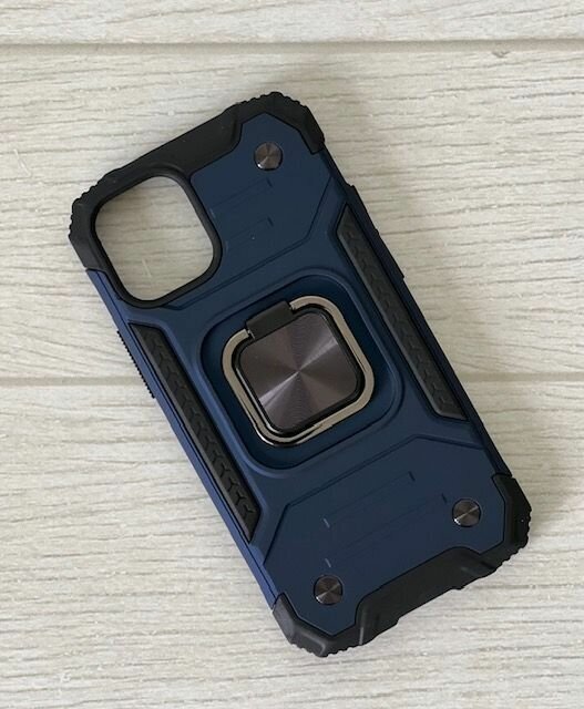 Противоударный чехол для iPhone 12 mini синий с пластиной для магнитного автодержателя и кольцом подставкой — фото 1