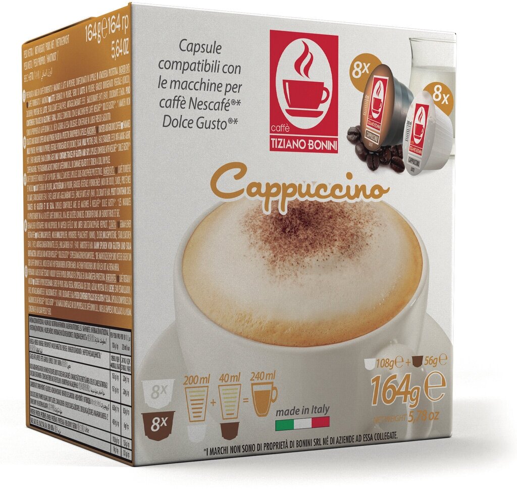 Кофе в капсулах Caffe Tiziano Bonini Cappuccino для системы Dolce Gusto, 16 кап. в уп. (8 капсул с кофе по 7 гр. + 8 капсул с молоком по 13,5 гр.)