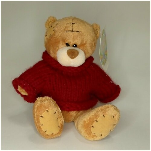 Мишка коричневый в красном вязаном свитере мягкая игрушка 14 см