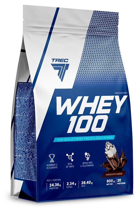 Протеин сывороточный для набора мышечной массы Trec Nutrition Whey 100, 900 гр., Шоколад