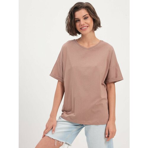 фото Футболка ленара, оверсайз, хлопок, однотонная, трикотаж, размер 50, бежевый