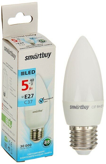 Лампа cветодиодная Smartbuy, E27, C37, 5 Вт, 4000 К, дневной свет