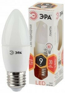 Светодиодная LED лампа ЭРА стандарт свеча B35 E27 9W(720lm) 2700K 2K 110x37 B35-9w-827-E27 6696 (упаковка 12 штук)