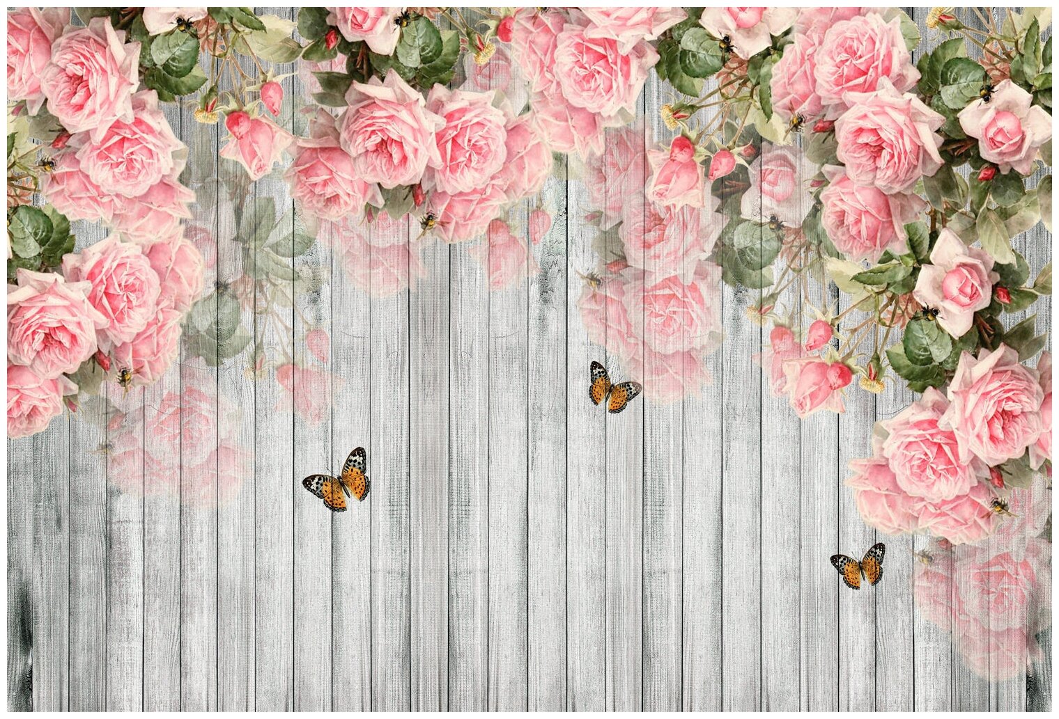 Фотообои на стену HARMONY Decor HDS-162 Розовые розы на деревянной стене, 200 х 135 см, флизеиновые