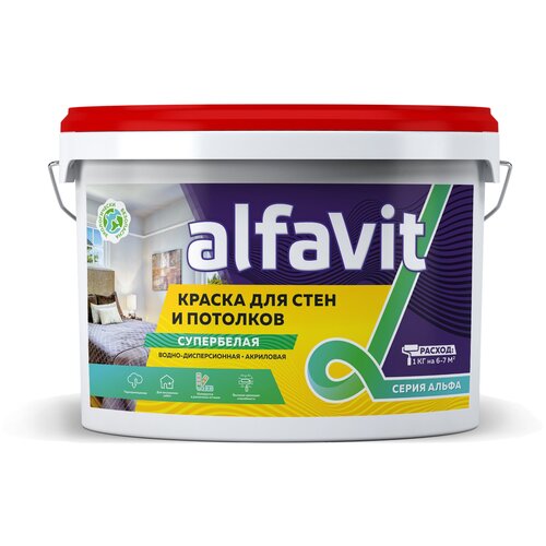 Краска водно-дисперсионная Alfavit Для стен и потолков супербелая матовая белый 14 кг краска для потолков водно дисперсионная alfavit серия альфа супербелая 3 кг