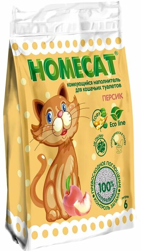 Наполнитель древесно-комкующийся HOMECAT Эколайн Персик 6 л комкующийся наполнитель для кошачьих туалетов с ароматом персика