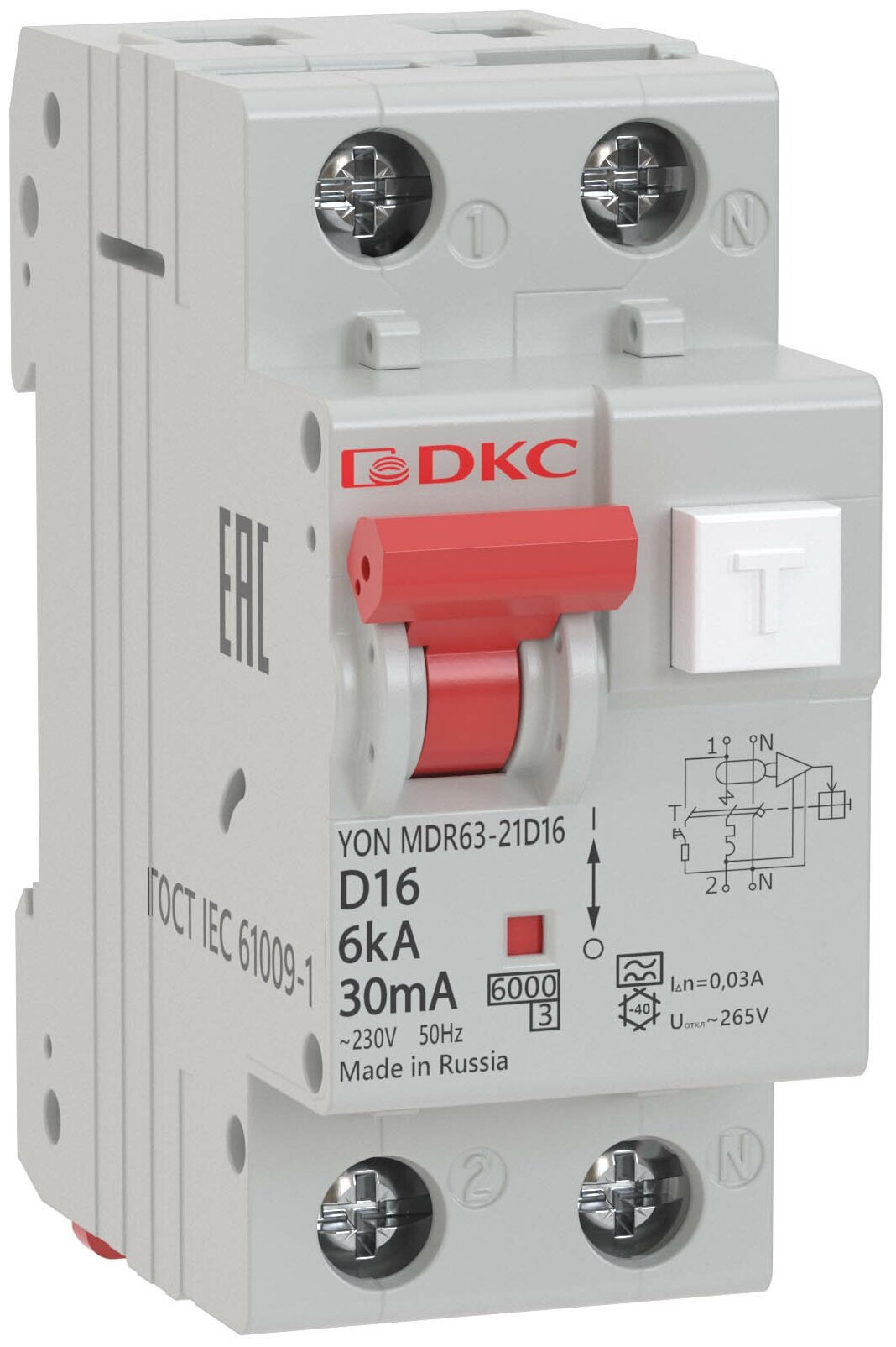 Выключатель автоматический дифференциального тока АВДТ 40А (1P+N) двухполюсный C 6kA 30mA тип A YON MDR63-22C40-A DKC