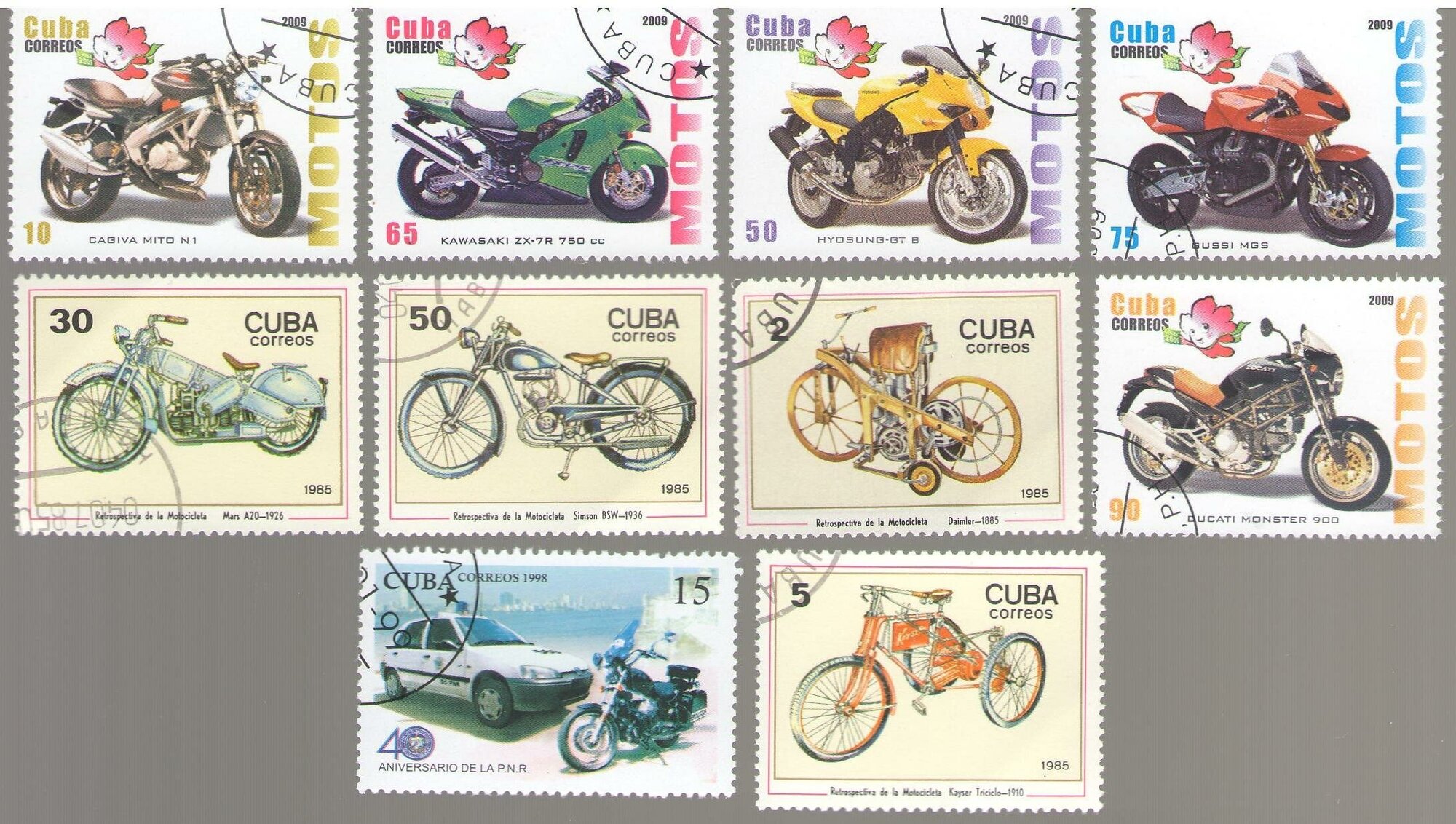 Набор почтовых марок Кубы, серия мотоциклы, 10 шт, гашёные, 1985-2009 г. в.