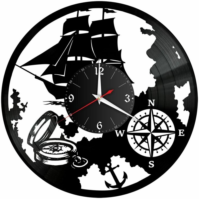 Часы из винила Redlaser "Море (Корабль), компас, стороны света, карта, якорь" VW-10650