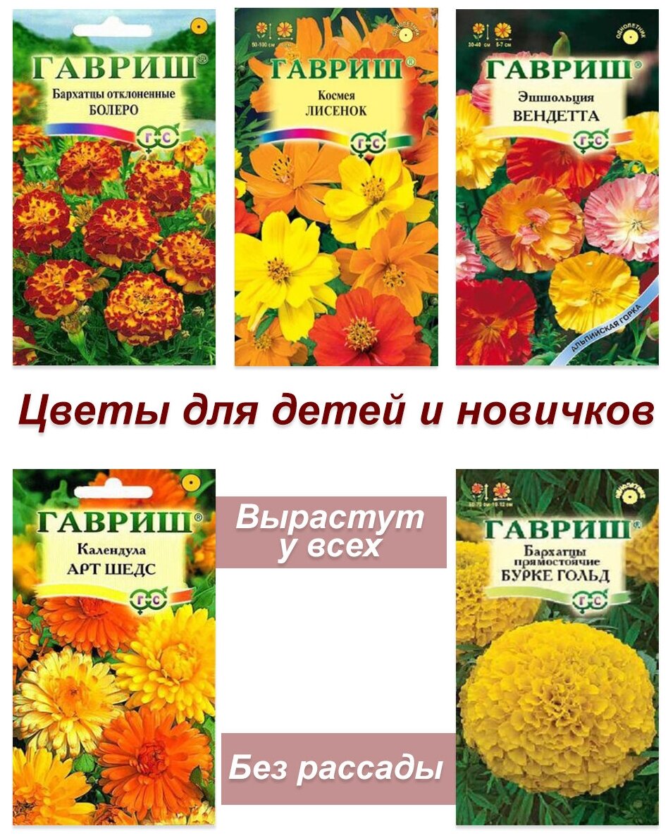 Набор семян, семена неприхотливых однолетних цветов, бархатцы, календула, эшшольция, космея