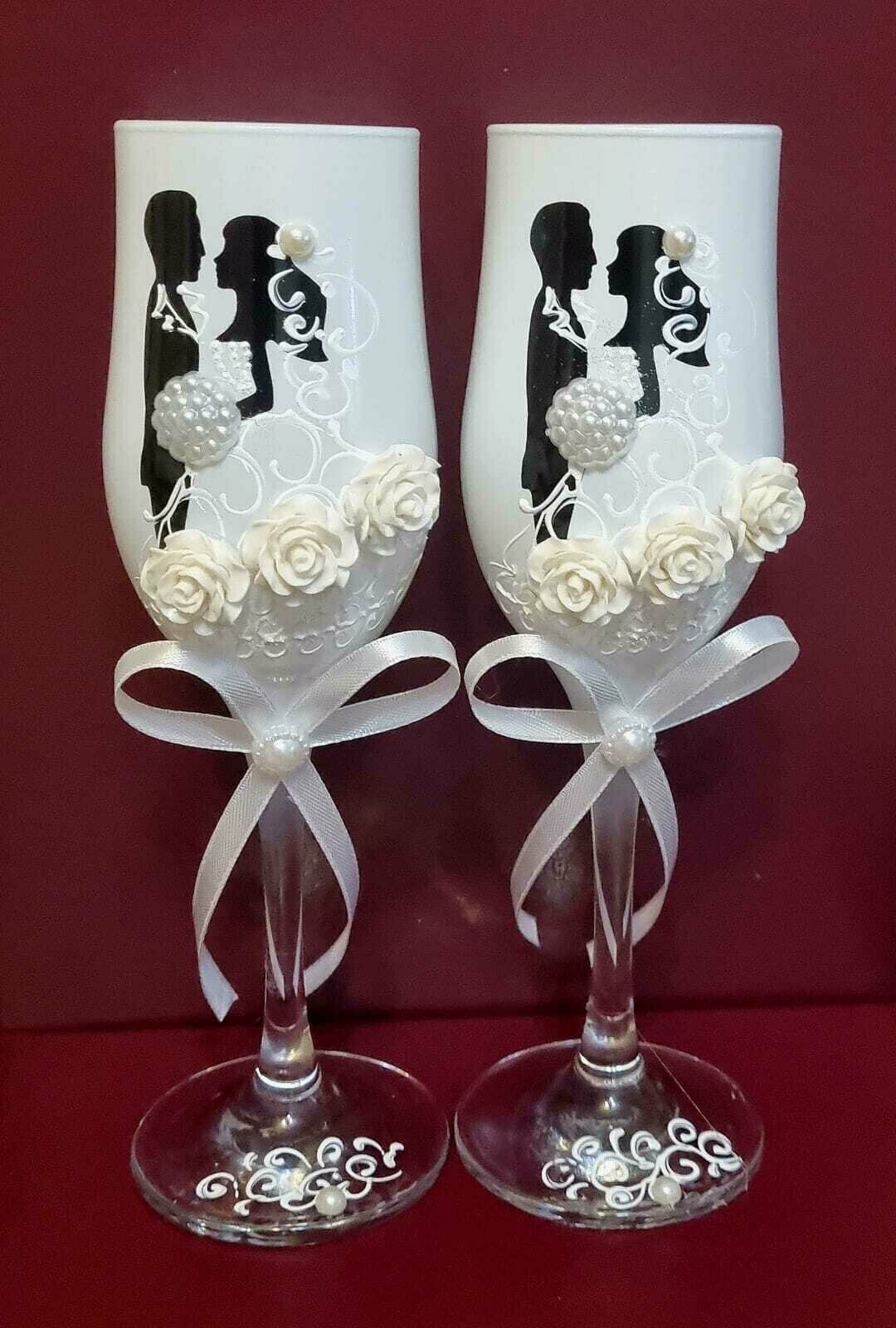 Свадебные бокалы "Нежность" с розочками/ бокалы молодожёнов/бокалы для шампанского/свадебные бокалы/свадьба/свадебные аксессуары