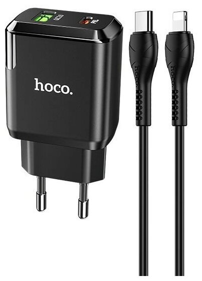 Зарядное устройство Hoco Favor с 2-мя скоростными портами Type-C PD20W + USB QC3.0 18W, набор с кабелем Type-C на Lightning, цвет черный