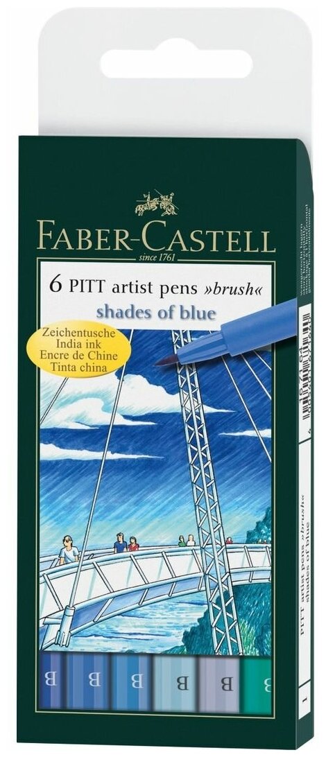 Faber-Castell Набор капиллярных ручек Pitt brush "Голубые тона, 6 цв.