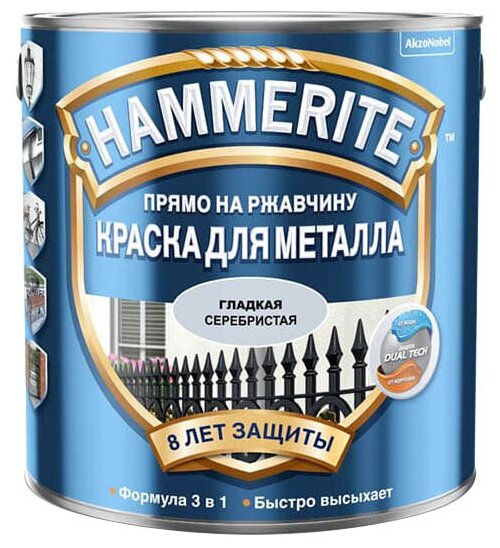 Краска по металлу Hammerite гладкая, глянцевая (2,2л) серебристый *RAL 9006