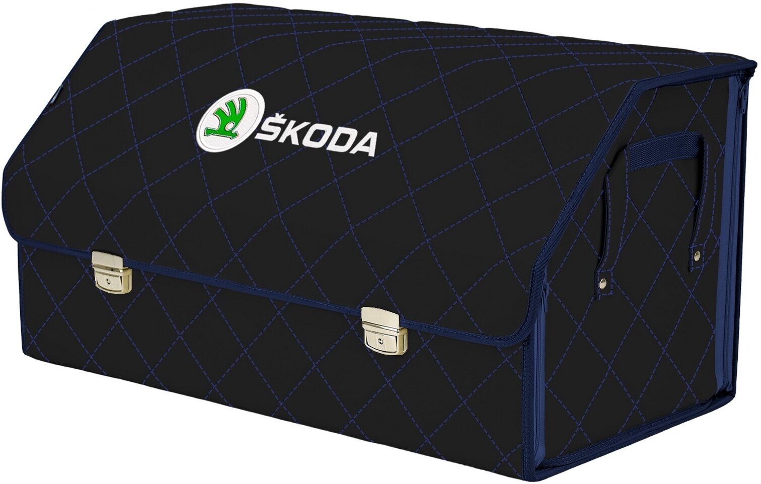 Органайзер-саквояж в багажник "Союз Премиум" (размер XL Plus). Цвет: черный с синей прострочкой Ромб и вышивкой Skoda (Шкода).